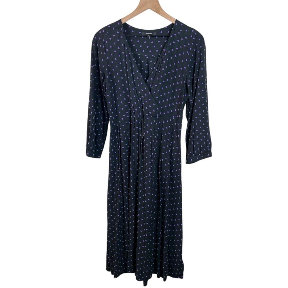 Madewell Small Polka Dot Faux‎ Wrap V Neck 3/4 Sleeve Midi Dress #MC939